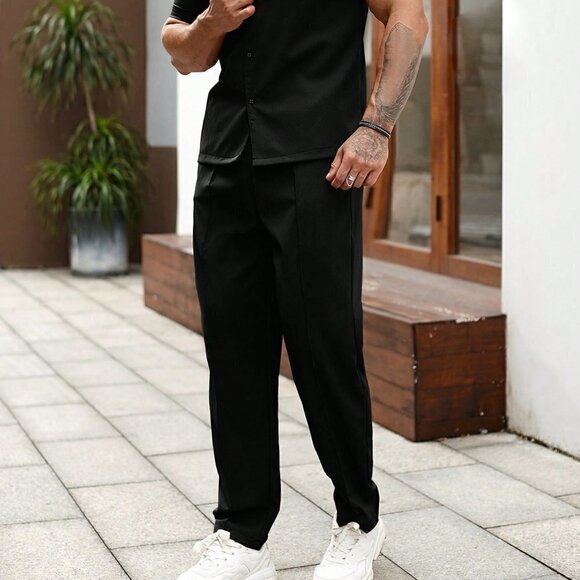 Black Casual Mens Solid Button Up Shirt & Pants - Picture 5 of 5